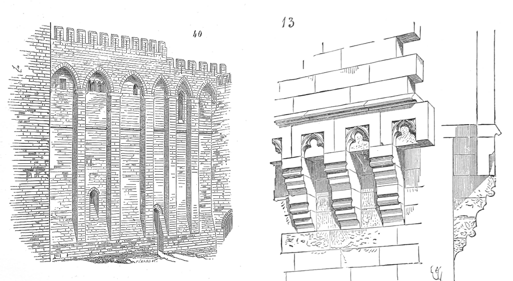 A gauche, mâchicoulis sur arcs visible sur la palais des papes à Avignon. A droite, mâchicoulis sur consoles.