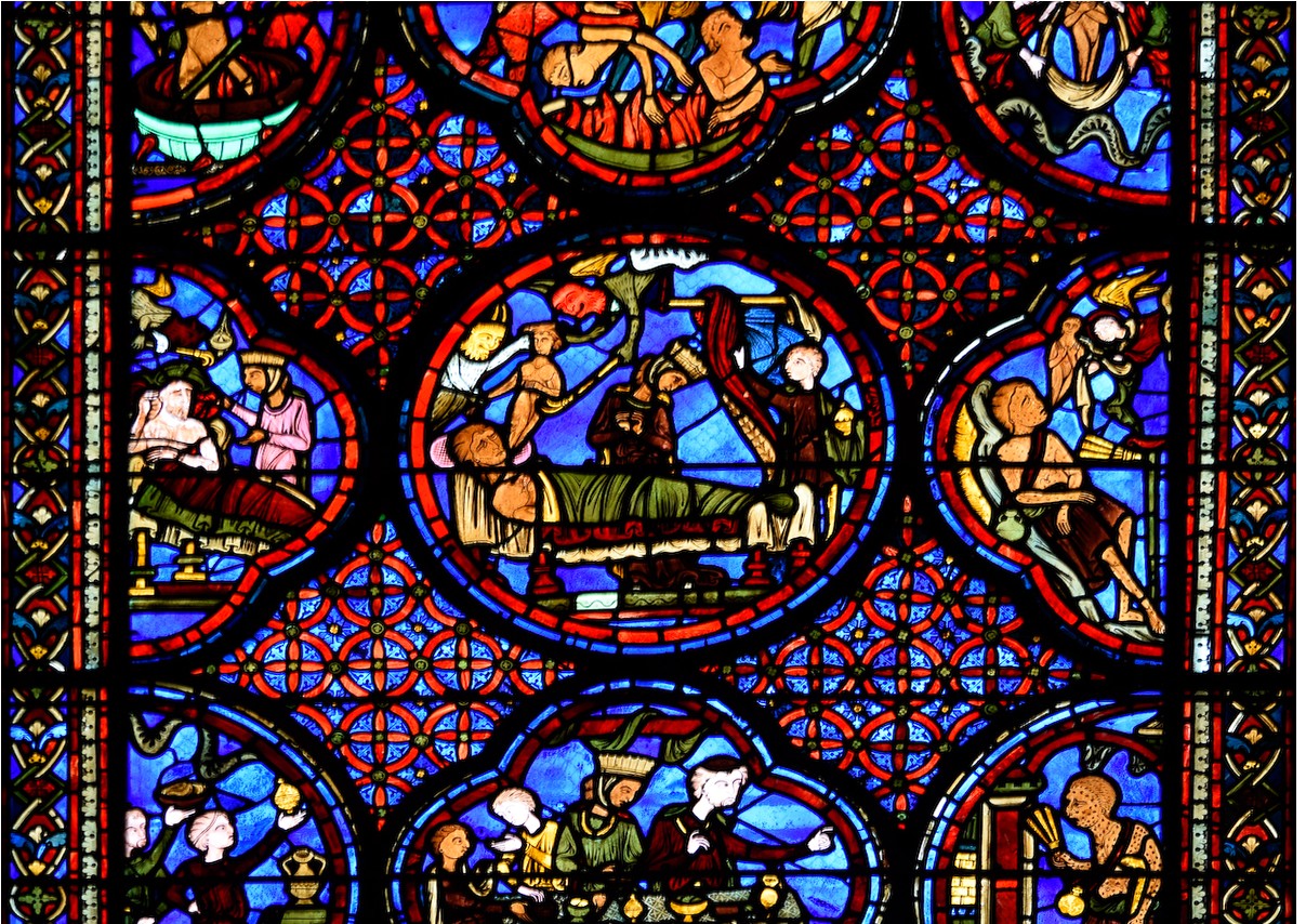 Vitrail de Lazare et du mauvais Riche dans la cathédrale de Bourges. XIIIe siècle